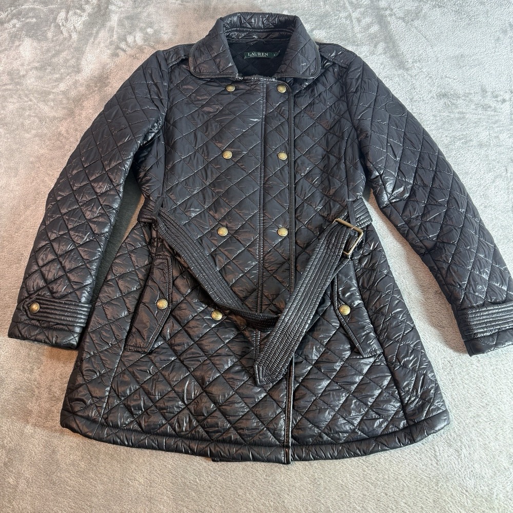 Lauren Ralph Lauren Women Small Black Quilted Belted Trench Coat Jacket